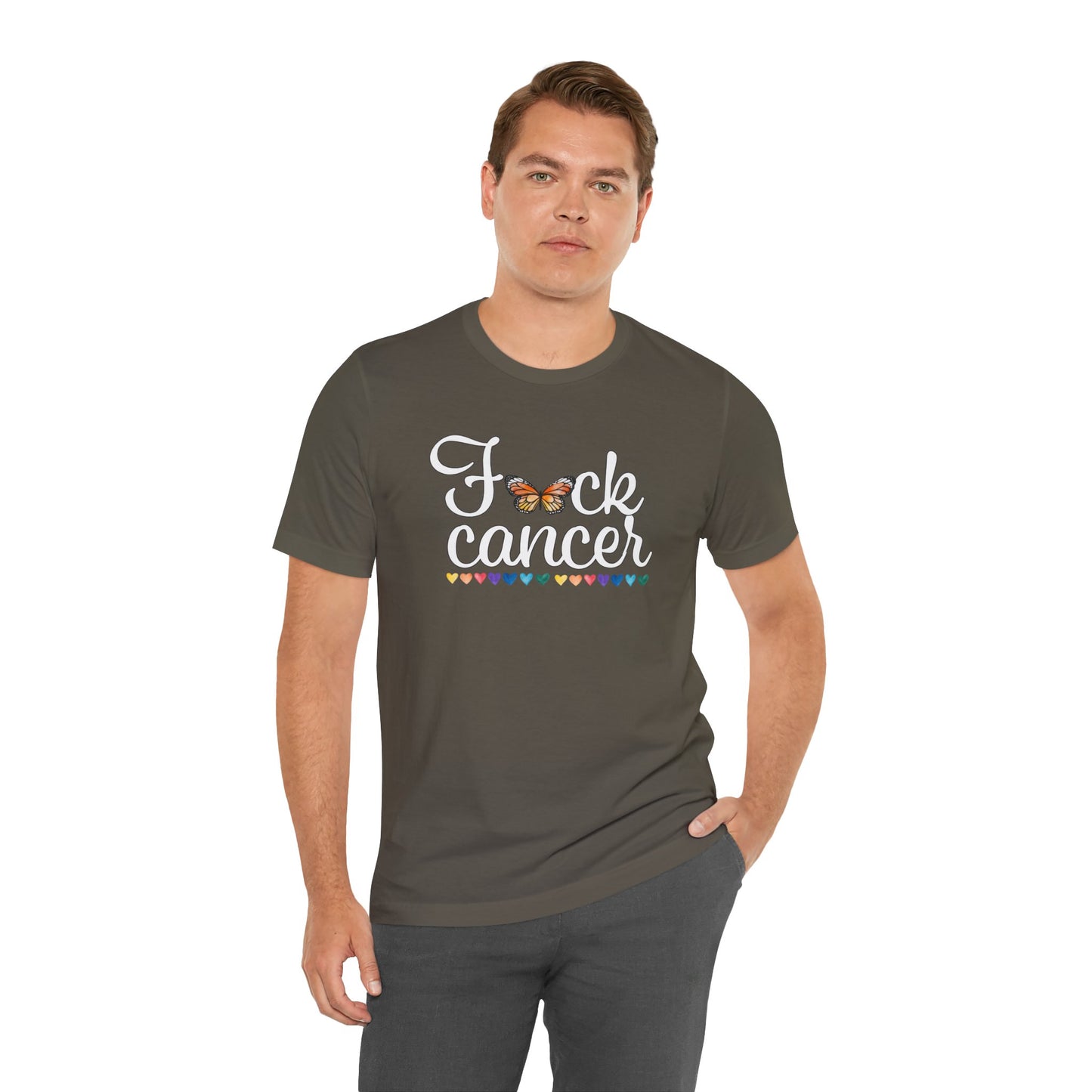 Cancer Awareness Tee with Butterfly and Rainbow Hearts