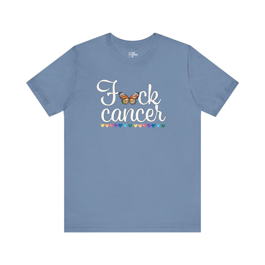 Cancer Awareness Tee with Butterfly and Rainbow Hearts