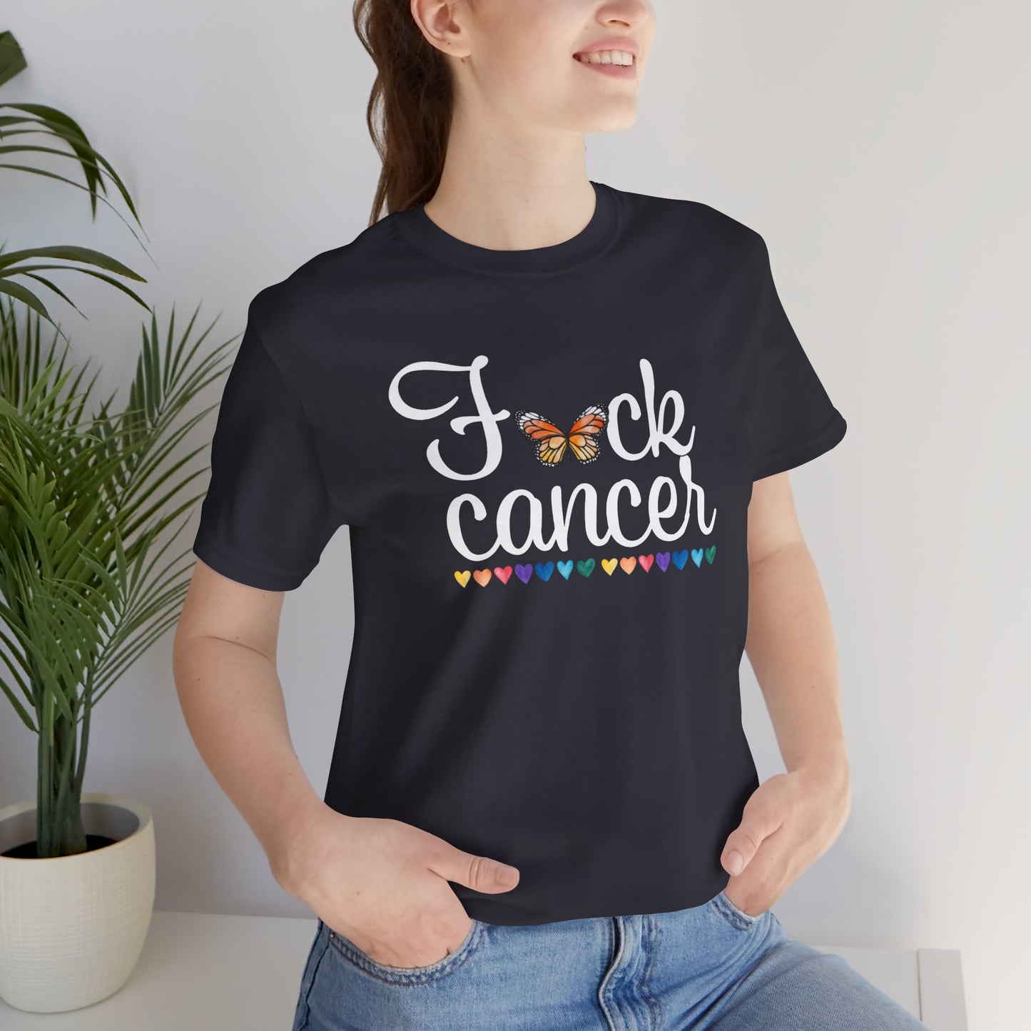 Cancer Awareness Tee with Butterfly and Rainbow Hearts