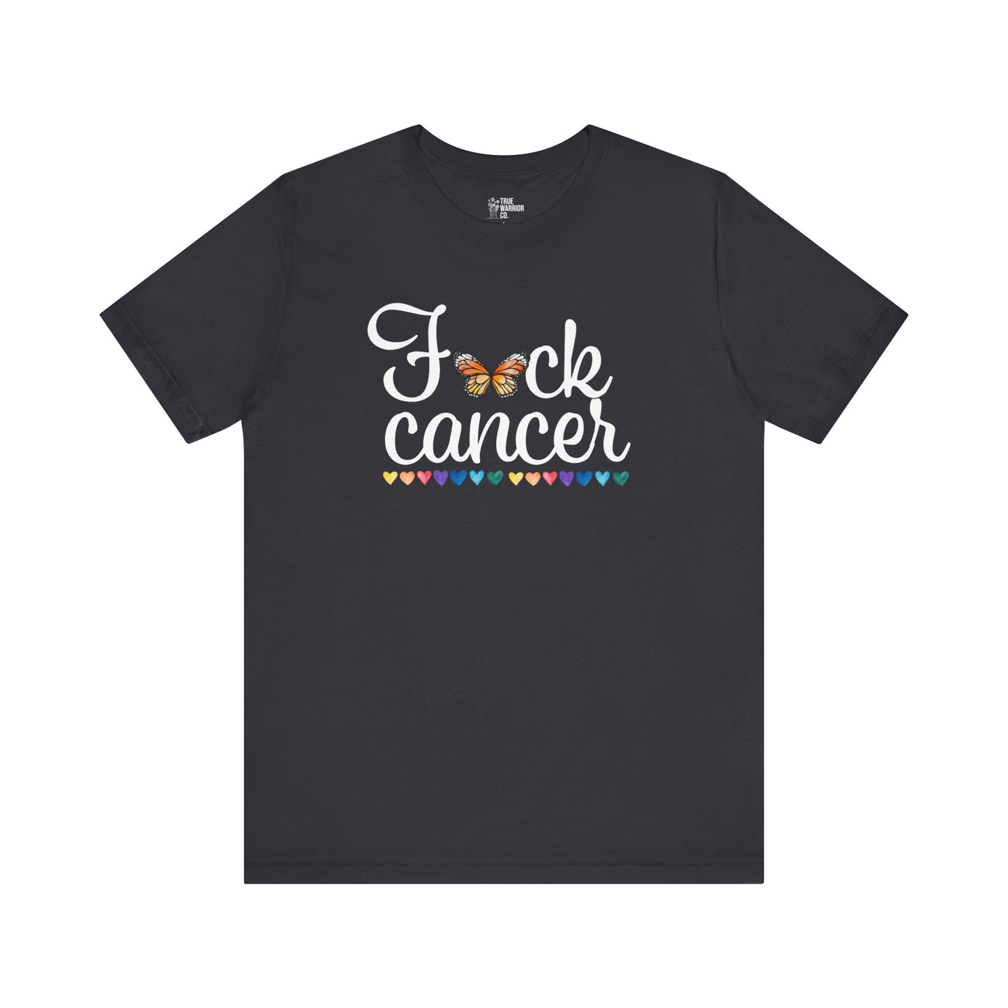 Cancer Awareness Tee with Butterfly and Rainbow Hearts